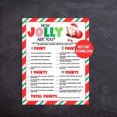 a holiday menu with candy canes and santa's help list on it, next to a chalkboard background