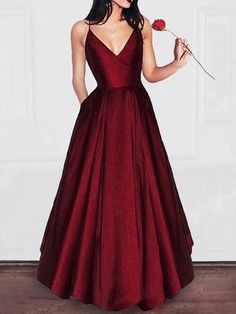 A-Line/Princess V-neck Floor-Length Ruffles Satin Dresses Girls Graduation Dresses, Vestidos Color Vino, Burgundy Prom Dress Long, Burgundy Prom, Satin Prom Dresses, Evening Dress Long, Graduation Gown, Prom Dresses With Pockets, Simple Prom Dress