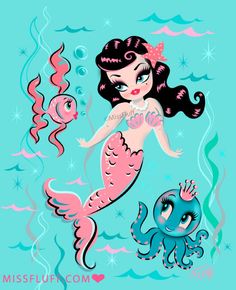 a mermaid and an octopus are swimming in the water