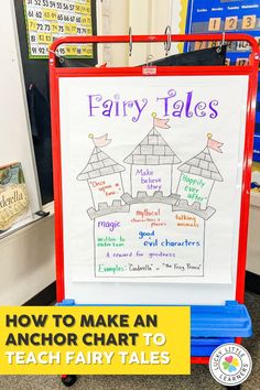 an anchor chart to teach fairy tales on the front of a classroom cart with text overlay that reads how to make an anchor chart to teach fairy tales