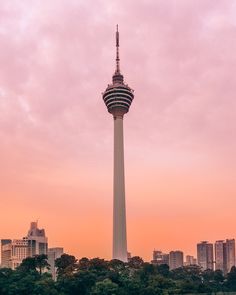 a tall tower with a sky line in the background and trees on the other side