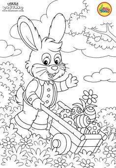 a coloring page with an image of a rabbit pushing a wheelbarrow