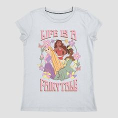 Cute and colorful, this Disney Princess 'Life is a Fairytale' Graphic T-Shirt will be your child's new go-to pick for everyday wear. The light blue pullover tee is elevated by the beautiful artwork of Disney princesses Moana, Tiana and Rapunzel within a floral wreath frame and the pink-lettered 3D-like text that reads "Life is a Fairytale." Made of midweight jersey fabric, this tagless T-shirt tailored with a loose fit that hits at the hip will help them stay comfortable during any activity. Tiana And Rapunzel, Cute Disney Shirts, Princess Life, Disney Princess Toddler, Disney Princess Shirts, Princess Shirt, Wreath Frame, 24th Birthday, Pink Letter