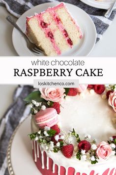 a white chocolate raspberry cake on a plate with flowers and berries around it