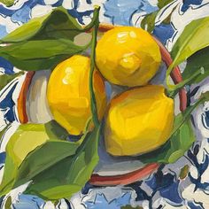 a painting of lemons and leaves on a plate