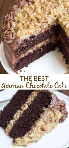 the best german chocolate cake is cut in half and served on a plate with one slice taken out