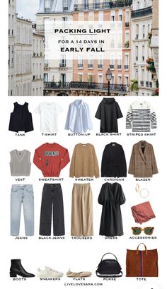 Light Layers Fall Outfit, Autumn Travel Outfit Packing Light, Layering Travel Outfits, Two Week Trip Outfits, One Week Travel Packing Lists, Packing Light Japan Fall, Fall Time Capsule Wardrobe 2023, Two Week Outfits Travel Packing, Travel Outfit Italy Fall