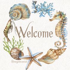 watercolor seahorses, starfish and seashells with the word welcome