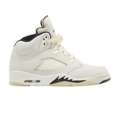 Find JORDAN 5 Retro Se 'sail on Editorialist. The Air Jordan 5 Retro SE 'Sail' is crafted with off-white suede on the upper, featuring heritage AJ5 details, including lace locks, molded TPU eyelets and breathable quarter panel netting. A black embroidered Jumpman embellishes the back heel and exposed-foam tongue. The cushioning setup comprises a white polyurethane midsole, fitted with an Air-sole heel unit and accented with speckled black shark tooth detailing. A milky translucent rubber outsole provides grippy traction underfoot. Jordan 5 Off White, Black Shark, White Jordans, Jordan 5 Retro, Air Jordan 5 Retro, Shark Tooth, Air Jordan 5, Jordan 5, Shark Teeth