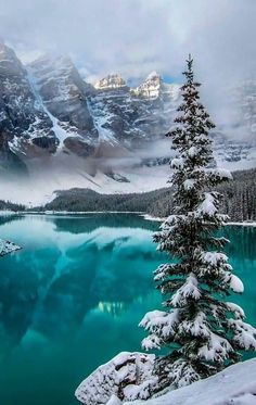 a lake surrounded by snow covered mountains and evergreen trees in the foreground, with blue water below