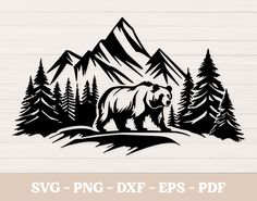 the svg bear is standing in front of mountains and trees, with pine trees around it