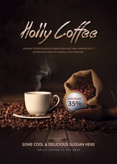 coffee flyer template with a cup of coffee and beans on the table in front of it