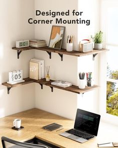 Corner Bookshelf Set of 4, Wall Mounted Wood Shelves Wall Decor Corner, Corner Wood Shelves, Decor Corner, Wall Mounted Corner Shelves, Corner Storage Shelves, Kitchen Brown