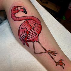 a flamingo tattoo on the arm and leg is shown in black ink with red accents