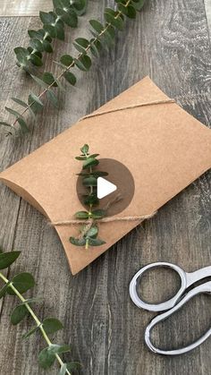 a pair of scissors sitting on top of a piece of paper next to a plant