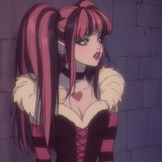 a woman with long pink hair standing in front of a brick wall wearing a corset