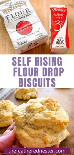 a hand holding a biscuit with the words self rising flour drop biscuits