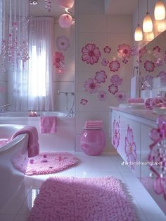 a bathroom decorated in pink and white with lots of flowers on the wall, rugs and bathtub