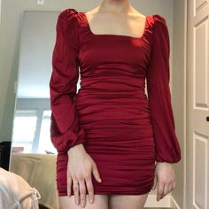 Red Satin Dress, That Hides Any Food Baby. Originally Got From Oh Polly. Model Is 5’6 & 140 Lbs. Dress Measurements: - Sleeve (From Where Bra Strap Sits On Shoulder): 24” - Waist, 23-30” - Length (From Top Of Shoulder Down) , 26” Long Sleeve Red Hoco Dress, Red Dresses For Birthday, Dark Red Dress Long Sleeve, Dark Red Bodycon Dress, Dark Red Graduation Dress, Cute Red Dresses Casual, Long Sleeve Mini Dress With Ruched Bodice For Brunch, Red Ruched Back Dress For Night Out, Red Dress Classy Long