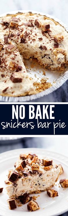 no bake snickkers bar pie on a plate with one slice cut out