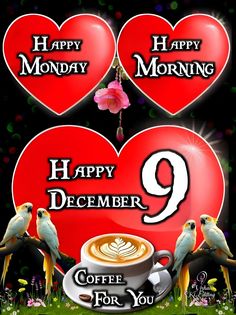 two birds sitting on top of a cup of coffee next to hearts with the words happy morning