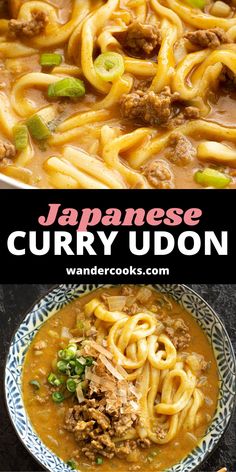 japanese curry udon with beef and noodles in a blue and white bowl on a black background