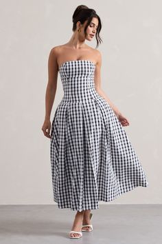 Maisy | Black & White Gingham Strapless Maxi Dress Gingham Midi Dress For Garden Party, Elegant Fitted Midi Dress For Picnic, Midi Length Strapless Dress For Garden Party, Summer Strapless Dress With Fitted Bodice For Garden Party, Summer Garden Party Strapless Dress With Fitted Bodice, Chic Fitted Midi Dress For Picnic, Chic Fitted Midi Dress For Picnics, Chic Gingham A-line Dress, Fitted Gingham Midi Dress