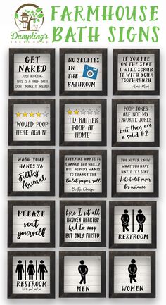 the farmhouse bathroom signs are displayed in black and white