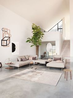 a living room filled with furniture and a tree in the middle of it's floor