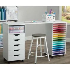 a white desk with drawers and a stool