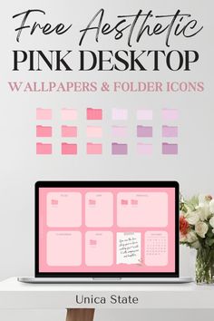 a desktop computer sitting on top of a desk with the text free aesthetic pink desktop wallpapers and folder icons