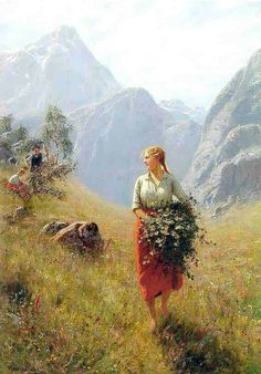 a painting of a woman with flowers in her hand walking up a hill to the mountains