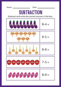 the subtraction worksheet is filled with pictures and numbers to help students learn how