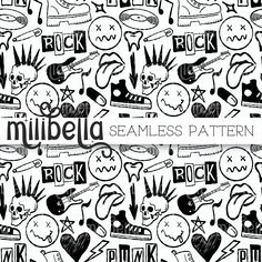 seamless pattern with black and white doodles on the theme of rock band logos