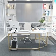 an office with white furniture and shelves filled with books