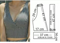 a woman's cropped top with the measurements for it and an image of her waist