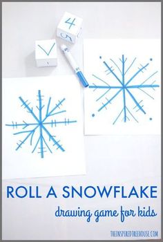 roll a snowflake drawing game for kids with dices and blocks on the table