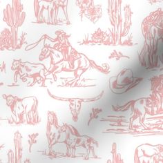 a pink and white wallpaper with cowboy images on it's back drop cloth