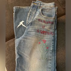 Size 27 Gucci Tomorrow Is Now Yesterday Embroidered Jeans. These Are Rare. High Waist. Button Fly. No Alterations Done. Made In Italy. Perfect Condition. Gucci Jeans, Embroidered Jeans, Jeans Color, Jeans Size, High Waist, In Italy, Women Jeans, High Waisted, Gucci