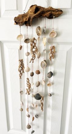 a door with shells hanging from it's side and a piece of driftwood in the background