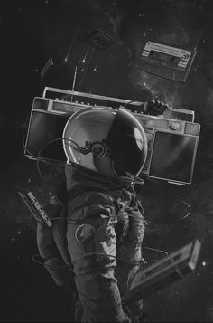 an astronaut in outer space holding a boombox