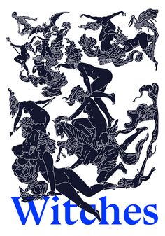 a black and white image of witches with blue lettering on the bottom right hand corner