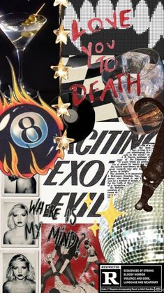 an image of a collage with various pictures and words on it, including the number eight