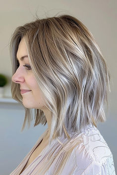 Woman with a flattering medium to short layered hairstyle. Gorgeous Haircuts, Layered Hairstyles