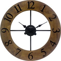 a wooden clock with roman numerals on the face and numbers in black ink