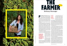 a woman holding a box in front of a bunch of green plantains with the words the farmer written on it