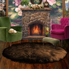 a living room decorated in pink and green with flowers on the wall, fireplace and chair