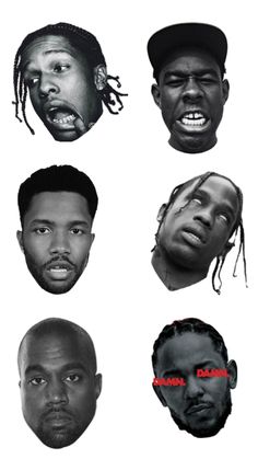 the faces of four black men with different facial expressions and haircuts on them