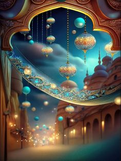 an image of a hallway with lights and lanterns hanging from it's ceiling in the sky