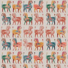 an image of elephants and lions on a white wallpaper background with red, blue, green, yellow, orange